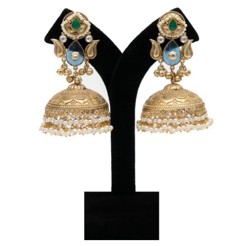 Traditional Gold Finish Green Stone Jhumka Earrings for Women